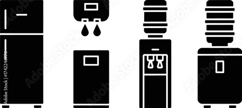 Collection of modern home and office appliances including refrigerator and water dispensers