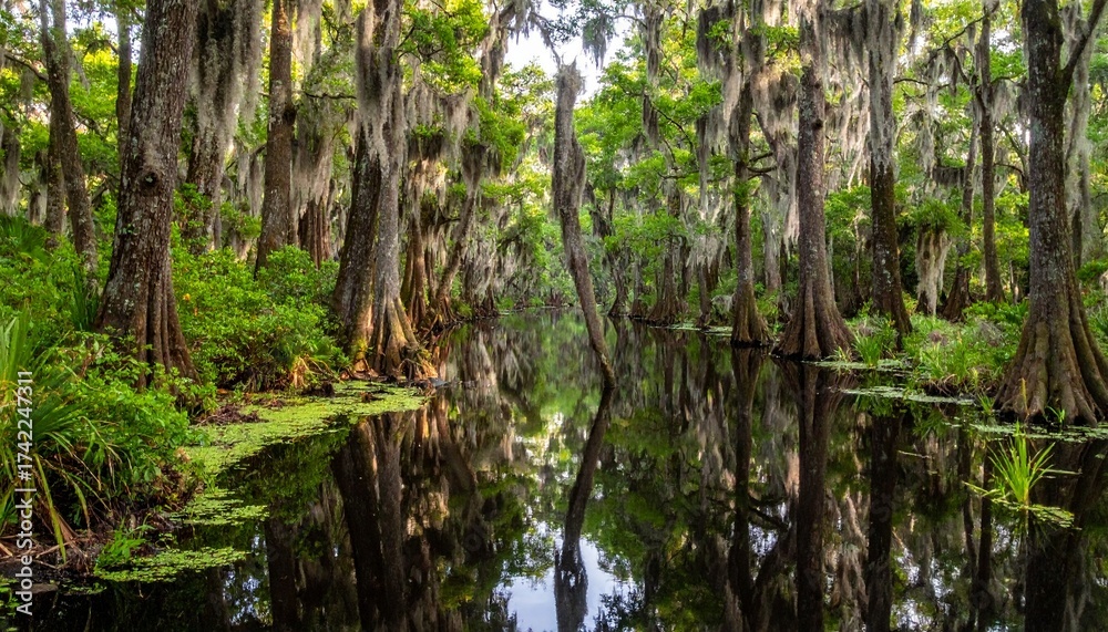 Obraz premium Explore the serene beauty of a southern swamp, where ancient cypress trees draped with Spanish moss create a magical, reflective waterway, perfect for nature lovers and conservation projects