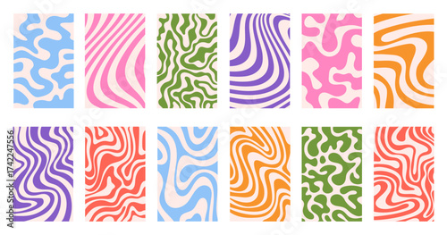 Abstract set vertical backgrounds with colorful waves. Trendy vector illustration in style retro 60s, 70s.