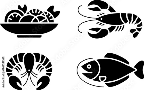 Simple, clean icons representing fresh seafood and ocean delicacies