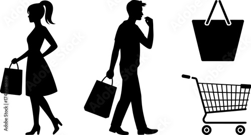 Silhouettes of people with shopping bags and cart, symbolizing consumerism and commerce.