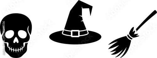 Spooky Halloween symbols: skull, witch hat, and broomstick on a white background
