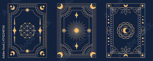 Mystical back designs of tarot cards with celestial sun and moon symbols in golden lines on dark blue background