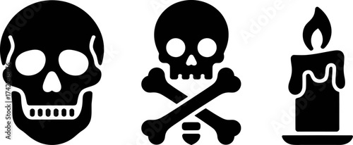Symbolic representation of danger, death, and the passage of time with a skull, crossbones, and burning candle.