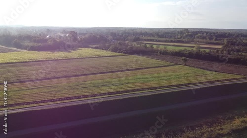 Foggy Morning Over Farmland and a Small Polish Village