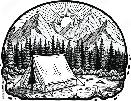 Camping Scene: A detailed illustration depicts a serene camping scene, featuring a tent nestled amidst a majestic mountain range and lush forest, under the radiant glow of the sun.