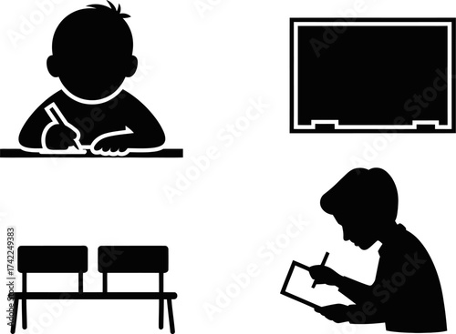 Young student learning and writing at a desk with a blackboard in a classroom setting