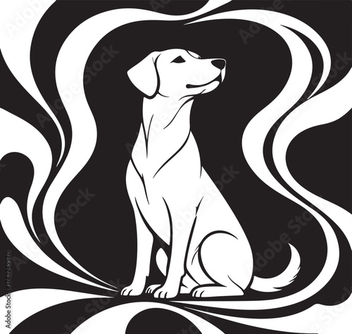 PrintA white labrador retriever sitting gracefully against a swirling backdrop