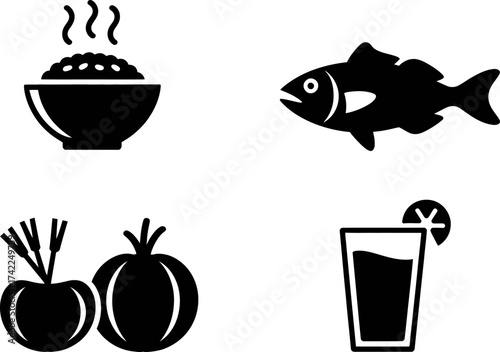 Simple icons representing healthy food and drink: steaming rice, fresh fish, vegetables, and a refreshing beverage.