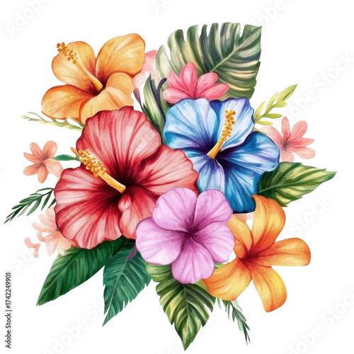 AI Image Floral arrangement with vibrant hibiscus blossoms against a dark background creating a
