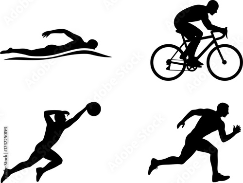Diverse athletic silhouettes showcase swimming, cycling, running, and playing ball.