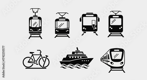 Collection of transportation icons including trams trains bicycle and ship silhouette
