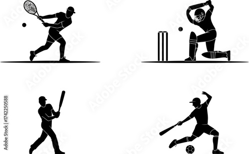 Dynamic silhouettes of athletes playing tennis, cricket, and baseball, showcasing sports action and skill.