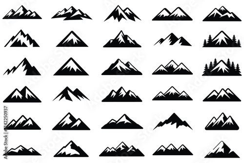 A striking monochrome collection showcasing the majestic beauty and diverse forms of mountain peaks and ranges, rendered in a clean, vector graphic style