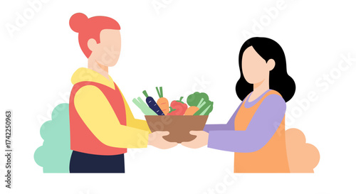 A person with red hair in a yellow hoodie and red vest hands a bowl overflowing with fresh vegetables to another person wearing an apron.