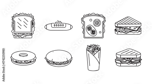 Hand drawn assortment of delicious sandwiches and wraps fast food icons for menus and design vector
