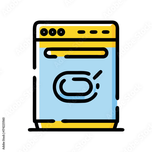 Cartoon Style Dishwasher Illustration Home Appliance for Cleaning Dishes with Yellow Trim and a Blue Interior Compartment Symbol