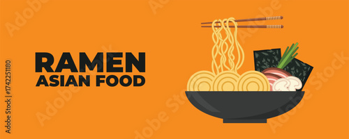 A bowl of ramen soup with chopsticks — Asian and Japanese cuisine banner. Perfect for restaurant branding, advertising, menu design, and marketing materials