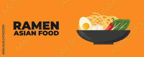 A bowl of ramen soup with chopsticks — Asian and Japanese cuisine banner. Perfect for restaurant branding, advertising, menu design, and marketing materials