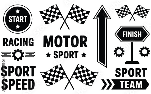 Black and White Racing Elements Start, Finish, Checkered Flags, and Sport Themed Graphics