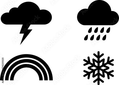 Collection of simple weather icons representing storm, rain, snowflake, and rainbow.