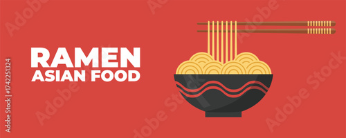 A bowl of ramen soup with chopsticks — Asian and Japanese cuisine banner. Perfect for restaurant branding, advertising, menu design, and marketing materials