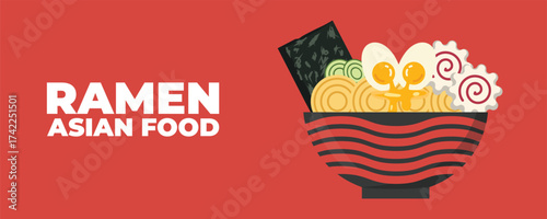 A bowl of ramen soup with chopsticks — Asian and Japanese cuisine banner. Perfect for restaurant branding, advertising, menu design, and marketing materials