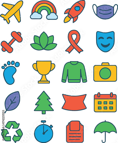 Colorful flat icons representing world awareness and health campaigns. Ideal for promoting global causes, charity, environment, and social change projects.
