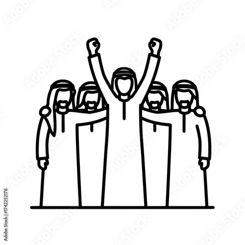Group of Arab men celebrating with raised arms in unity.