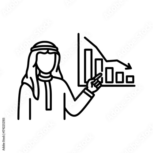 Arab businessman presenting a declining financial graph with a downward arrow.