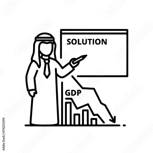 Arab businessman presenting solution to GDP decline on whiteboard.
