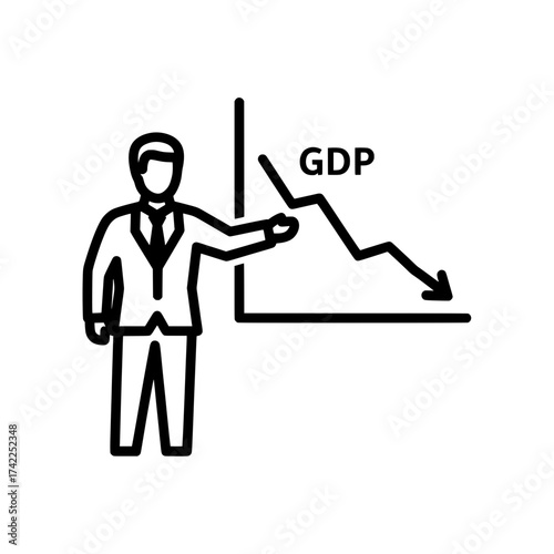 Businessman presenting a declining GDP graph economic downturn concept.