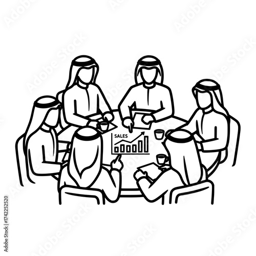 Business meeting of arab men discussing sales growth and strategy.