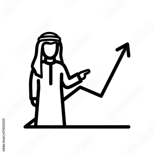 Arab man pointing at a rising graph business success concept.