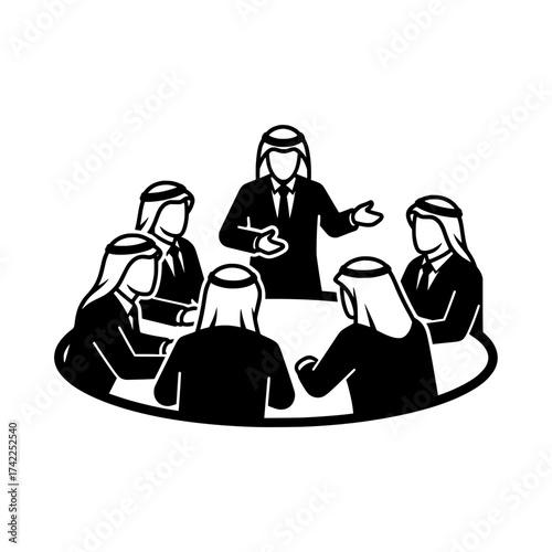 Business meeting of Arab men in traditional attire discussing strategy.