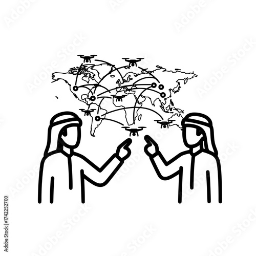 Two men in traditional attire discussing drone technology and global connectivity.