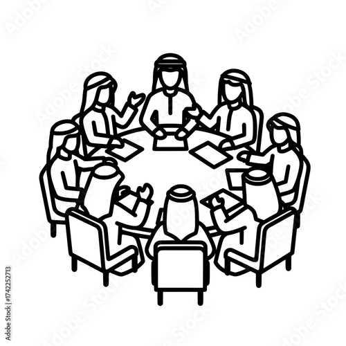 Group of Arab men and women in a meeting around a table.
