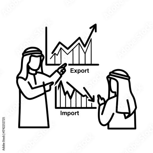 Arabian business people discussing export and import trends with graphs.