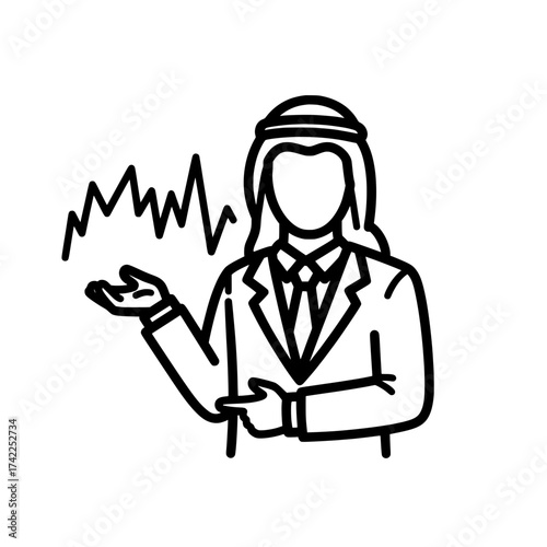 Arab businessman presenting financial data with graph illustration.