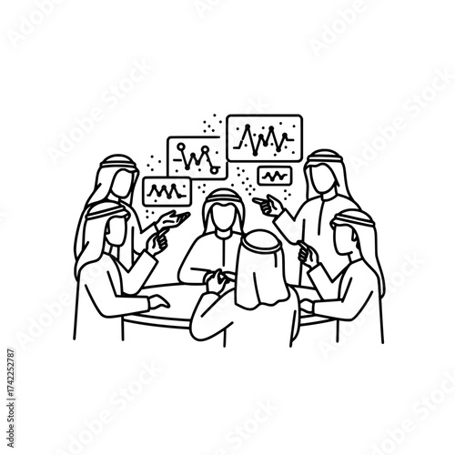 Arab business meeting discussing financial data analysis and strategy.