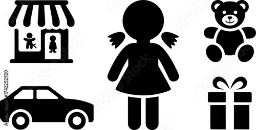 Collection of playful children's toys and a car, representing childhood fun and imagination.