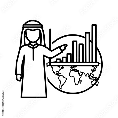 Arab man presenting global business data with world map and bar graph.