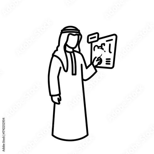 Arab man holding a paper wearing traditional clothes line art illustration.