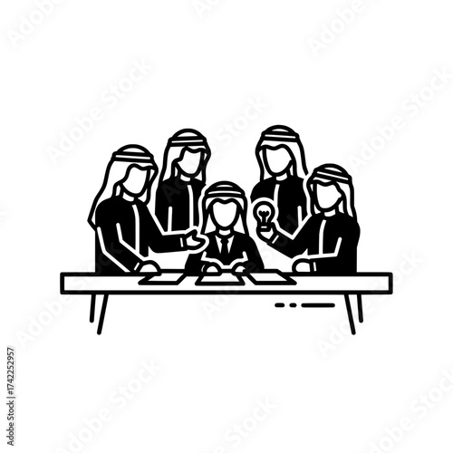 Business meeting of Arab men with idea light bulb.