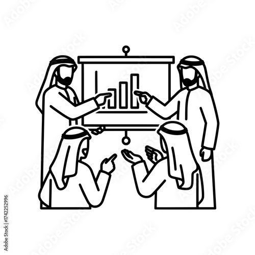 Arabian business meeting with presentation and discussion of financial data.