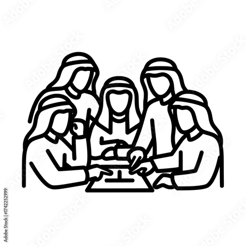 Group of Arab men in traditional attire gathered around a table.