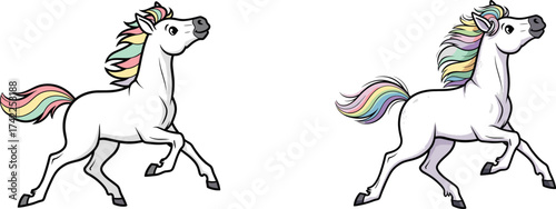 Beautiful cartoon horses with rainbow manes, cute farm animals, playful pony illustration, happy horse design for children