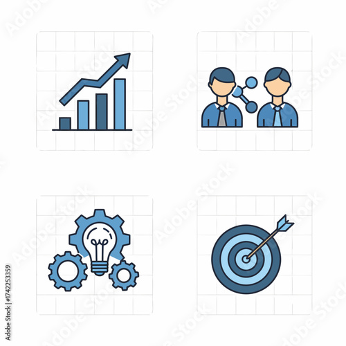 Set of business development icons representing growth, teamwork, innovation, and achieving strategic goals. Flat design vector illustration for corporate presentations