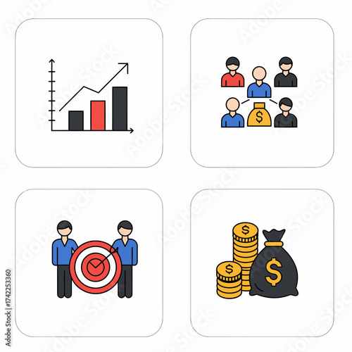 A colorful set of business and finance line icons representing concepts such as statistical growth, team investment, strategic goals, and wealth accumulation