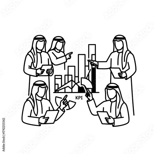 Business team discussing KPI data analysis and performance review.